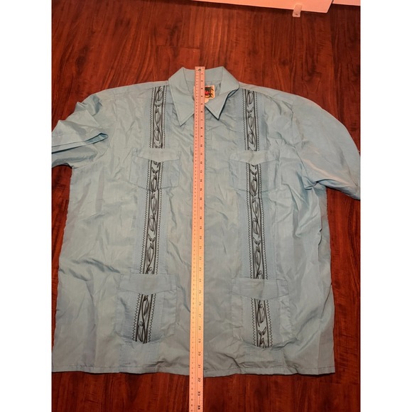Haband Guayabera Shirt Men XL Aqua Blue Short Sleeve Zip Cuban - Picture 3 of 6